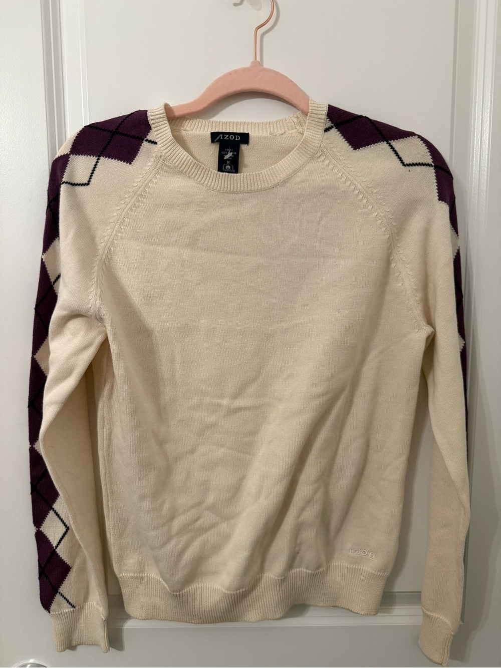 IZOD 100% Cotton Cream Plum Argyle Sleeve Sweater Women’s Medium NWOT